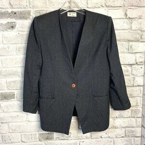 Vintage 100% Charcoal Black Wool Collarless One Button Blazer